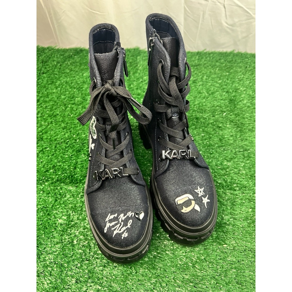 Karl Lagerfeld 5 Lampirini Ikonic Lace Up Combat Boots Denim Embroidery NWOB - Picture 4 of 9